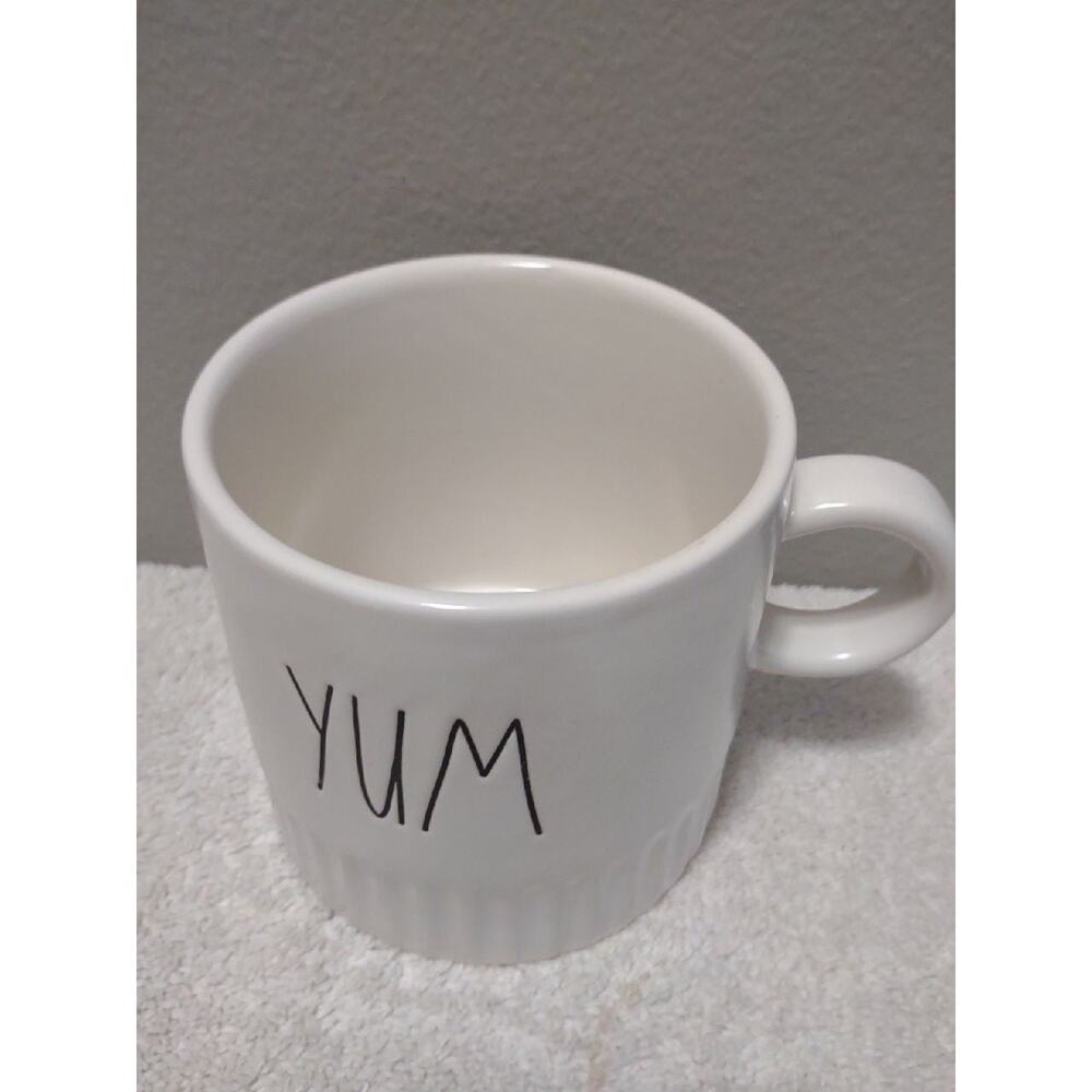 Rae Dunn Artisan Collection Farmhouse white pleated bottom "Yum" coffee mug cup